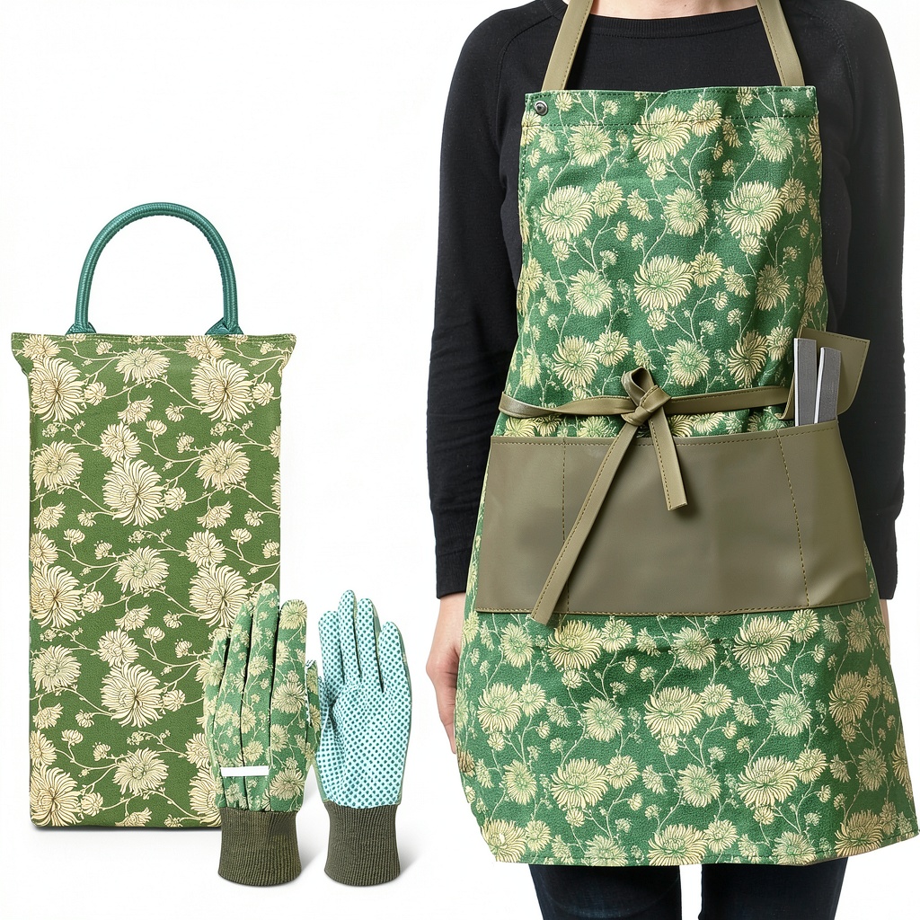 Colwelt gardening kneeling pad set being unboxed on a garden bench with foam pad and cotton apron laid out